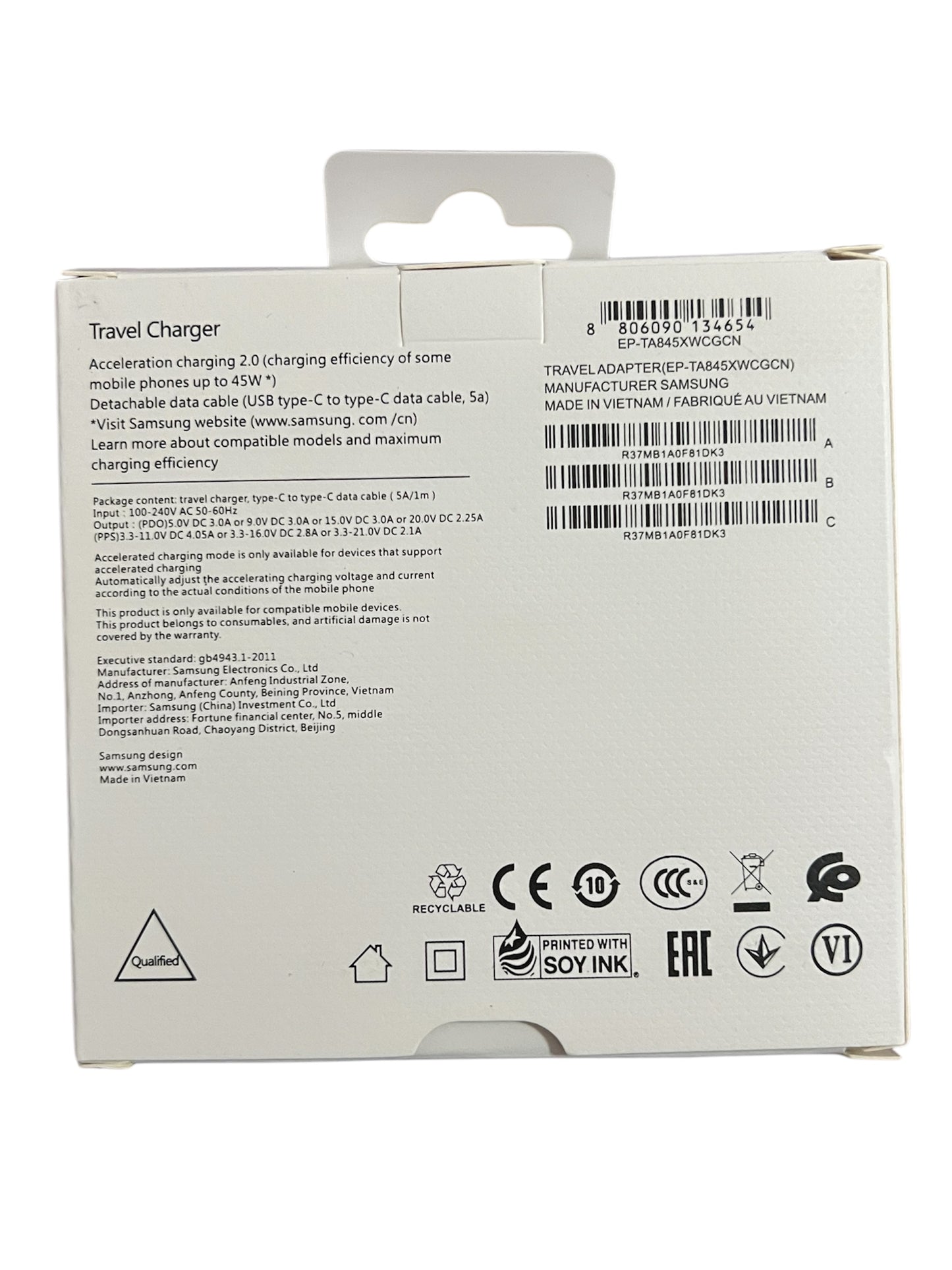 Cargador Samsung carga rápida tipo C 45wats